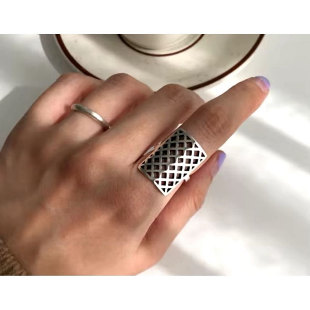 Solid‎ Statement Ring White Gold Plated Sterling Adjustable Lattice Wide Band